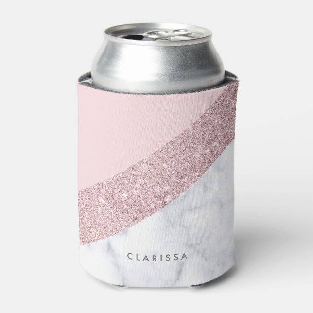 elegant girly rose gold glitter white marble pink can cooler (Can Front)