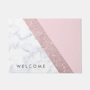elegant girly rose gold glitter white marble pink doormat
