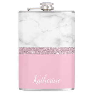 Elegant girly rose gold glitter white marble pink hip flask