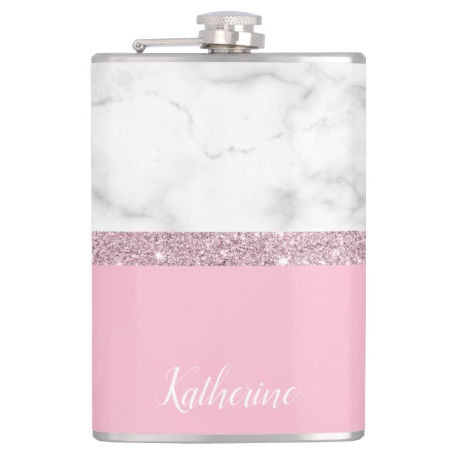 Elegant girly rose gold glitter white marble pink hip flask (Front)