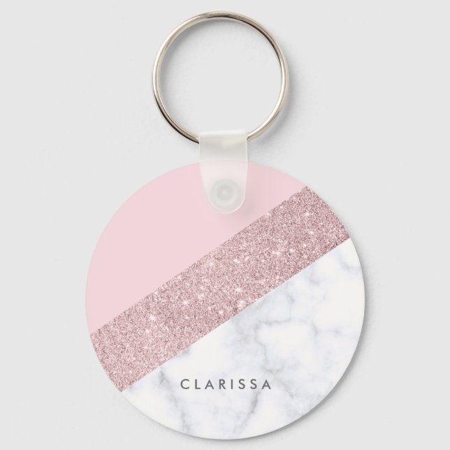 elegant girly rose gold glitter white marble pink key ring (Front)