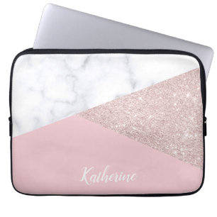 Elegant girly rose gold glitter white marble pink laptop sleeve