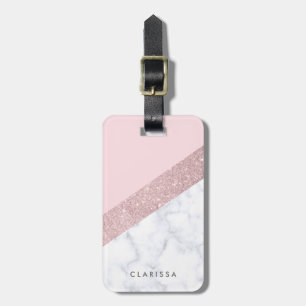 elegant girly rose gold glitter white marble pink luggage tag