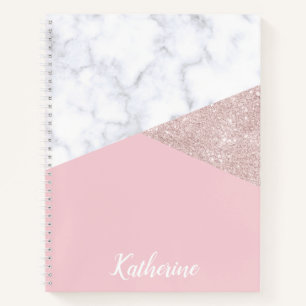 Elegant girly rose gold glitter white marble pink notebook
