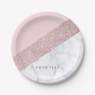 elegant girly rose gold glitter white marble pink paper plate
