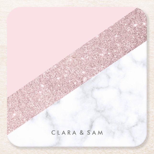 elegant girly rose gold glitter white marble pink square paper coaster (Front)