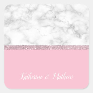 Elegant girly rose gold glitter white marble pink square sticker