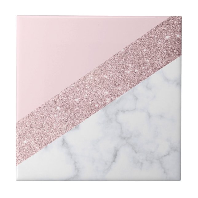 elegant girly rose gold glitter white marble pink tile (Front)