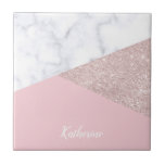 Elegant girly rose gold glitter white marble pink tile<br><div class="desc">Stylish and elegant geometric faux rose gold glitter, white marble and pink colour block.</div>