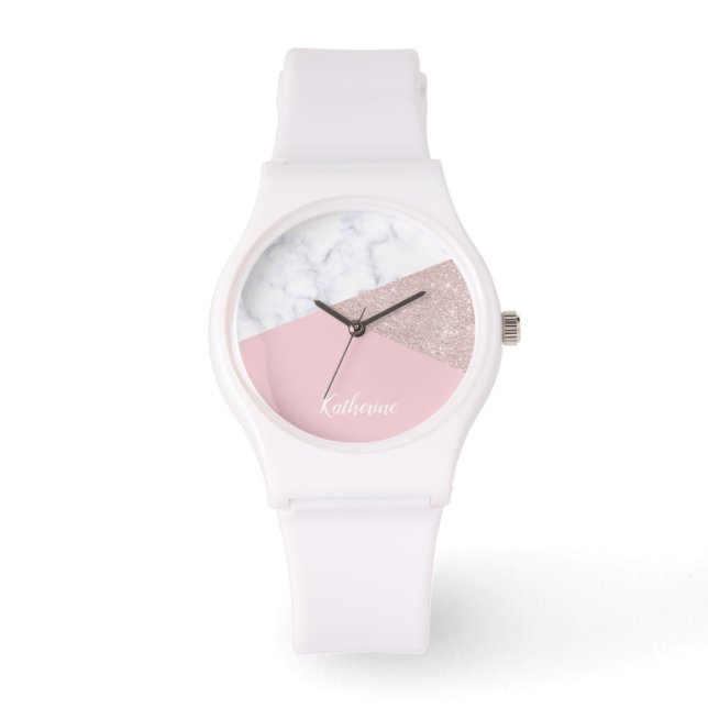 Elegant girly rose gold glitter white marble pink watch (Front)