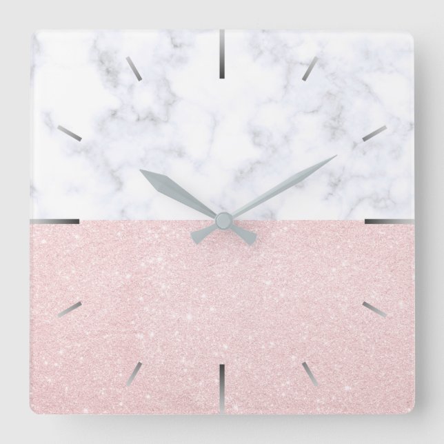 Elegant girly rose gold glitter & white marble square wall clock (Front)