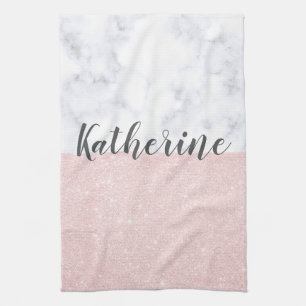 Elegant girly rose gold glitter & white marble tea towel