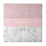 Elegant girly rose gold glitter & white marble tile<br><div class="desc">Stylish and elegant geometric faux rose gold glitter, white marble and pink colour block.</div>