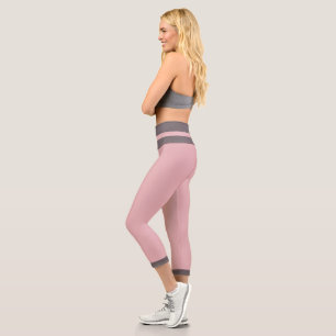 Elegant Girly Solid Pink Colour Grey Stripes Capri Leggings