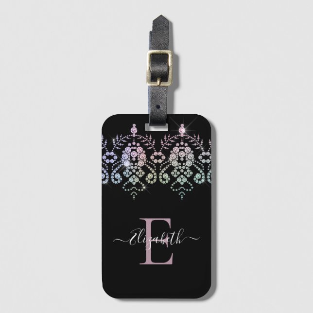 Elegant Girly Sparkle Monogram Name Luggage Ta Tag (Front Vertical)