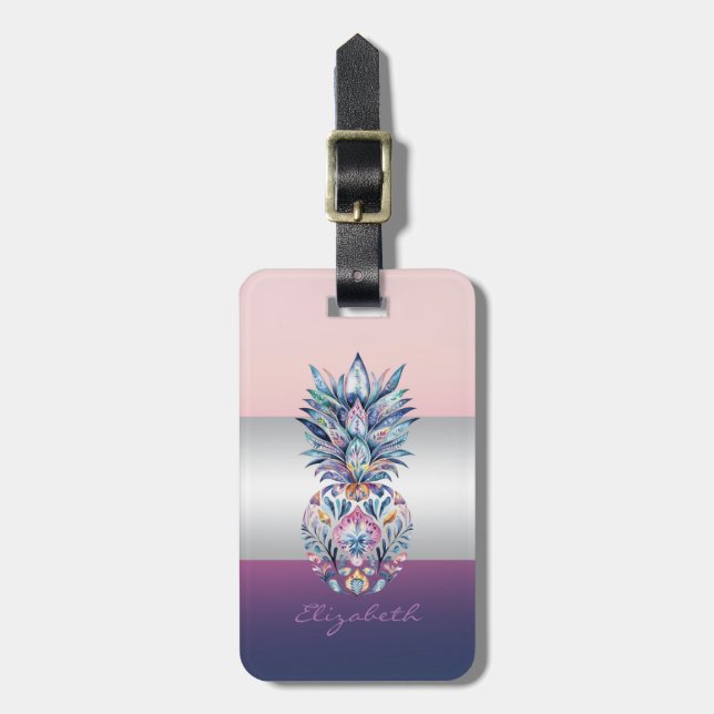 Elegant Girly Stripe,Colourful Pineapple  Luggage Tag (Front Vertical)