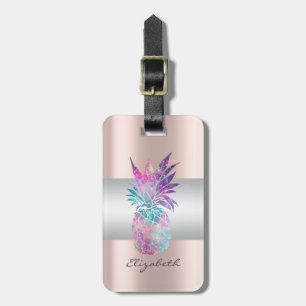 Elegant Girly Stripe, Pineapple Rose Gold Luggage Tag