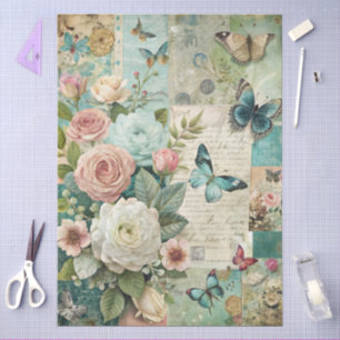 Elegant Girly Teal Cottagecore Pink Floral  Tissue Paper