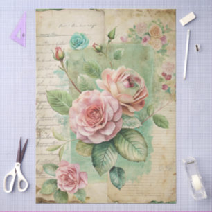 Elegant Girly Teal Cottagecore Pink Floral  Tissue Paper