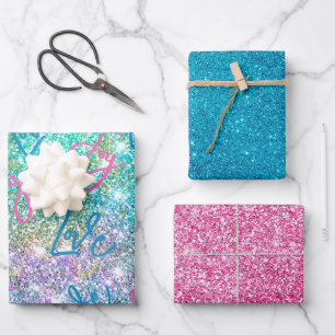 Elegant girly turquoise iridescent glitter rainbow wrapping paper sheet