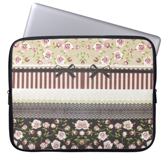 Elegant Girly White Lace And Pink Roses Laptop Sleeve (Front)