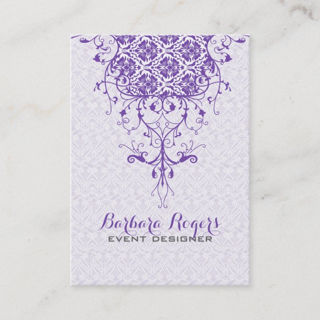 Elegant Girly White & Purple Floral Lace Business Card (Front)
