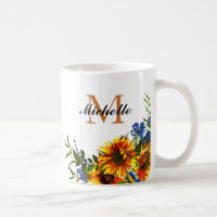 Elegant Girly Yellow Sunflower Name Monogram Mug
