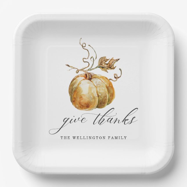 Elegant Give Thank Watercolor Pumpkin Thanksgiving Paper Plate (Front)