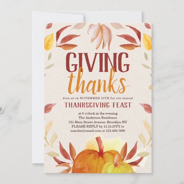 Elegant Giving Thanks Pumpkin Wreath Thanksgiving Invitation (Front)