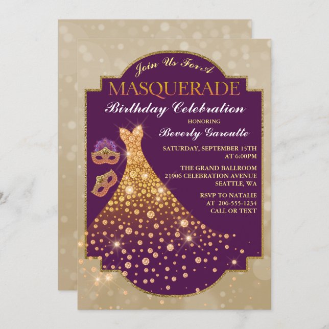 Elegant Glam Birthday Masquerade Invitation (Front/Back)