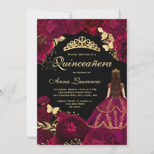 Elegant Glam Black Gold Burgundy Quinceanera Invitation