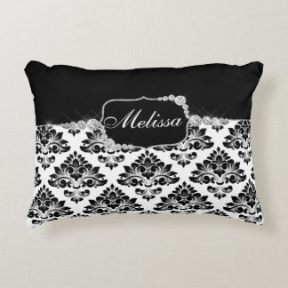 Elegant Glam Black White Damask Diamonds Decorative Cushion