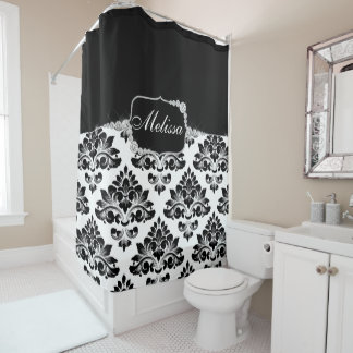 Elegant Glam Black White Damask Diamonds Shower Curtain