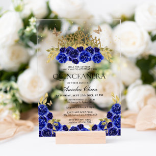 Elegant Glam Blue Floral Gold Tiara Quinceanera Acrylic Invitations