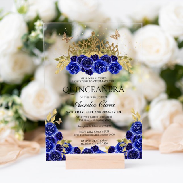 Elegant Glam Blue Floral Gold Tiara Quinceanera Acrylic Invitations (Creator Uploaded)