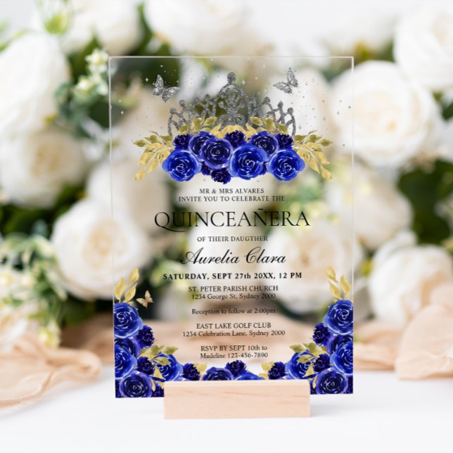Elegant Glam Blue Floral Silver Tiara Quinceanera Acrylic Invitations (Creator Uploaded)