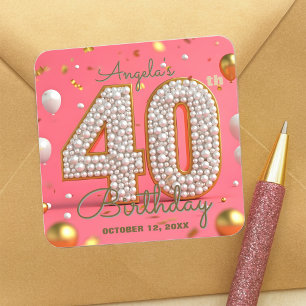 Elegant Glam Chic Pink Gold Pearly 40th Birthday Square Sticker