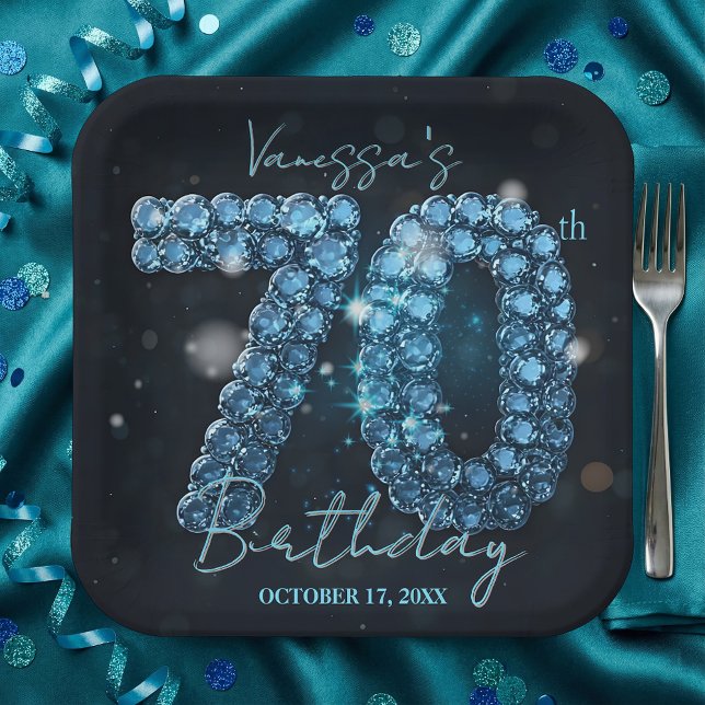 Elegant Glam Chic Teal Blue Jewels 70th Birthday Paper Plate (Creator Uploaded)