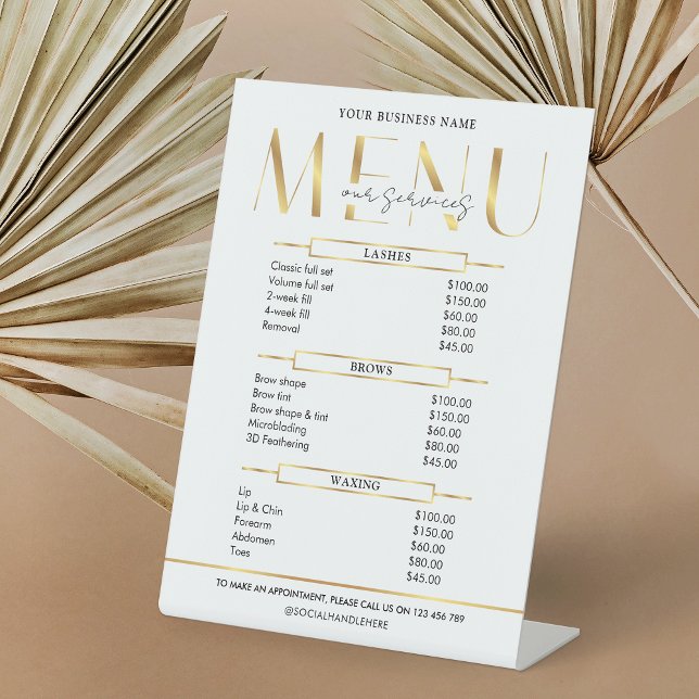 Elegant Glam Gold Effect Business Price List Menu Pedestal Sign (Elegant faux gold effect business price list menu table top acrylic sign)