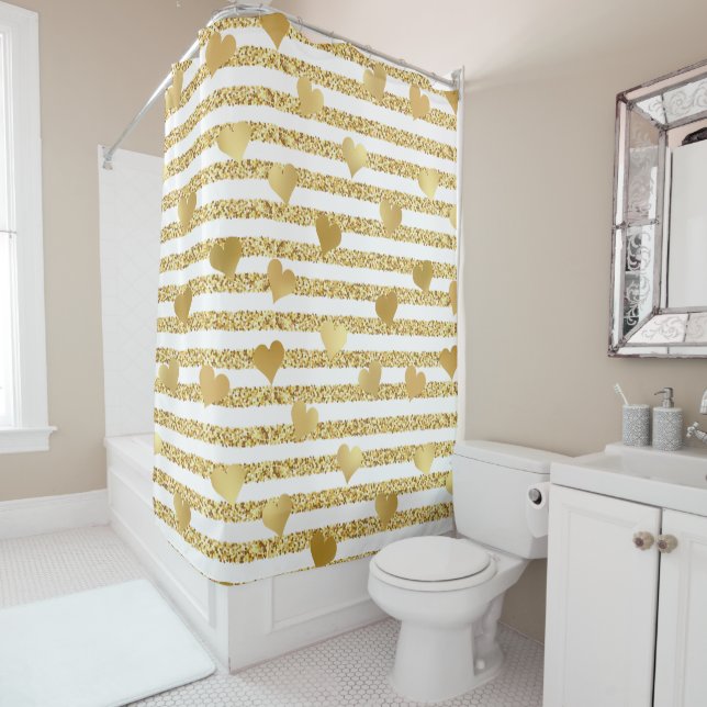 Elegant Glam Gold Hearts Gold Glitter Stripes Shower Curtain (In Situ)