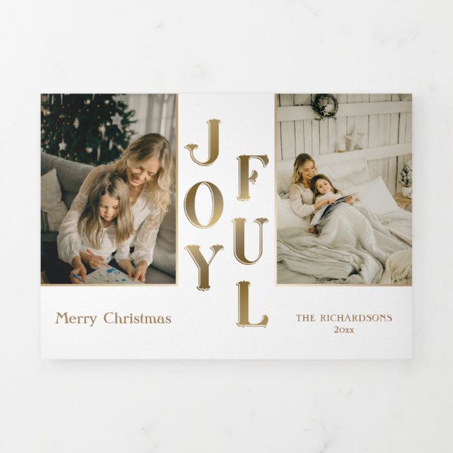 Elegant Glam Gold Joyful Typography & Photo Tri-Fold Holiday Card (Cover)