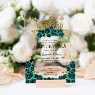 Elegant Glam Green Floral Gold Tiara Quinceanera Acrylic Invitations