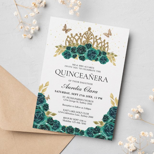 Elegant Glam Green Floral Gold Tiara Quinceanera Invitation (Creator Uploaded)