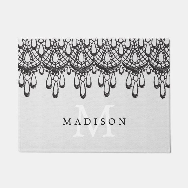 Elegant Glam Grey Linen and Black Lace Monogram Doormat (Front)