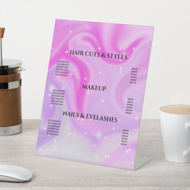Elegant Glam Iridescent Holographic Price List  Pe Pedestal Sign (In SItu)