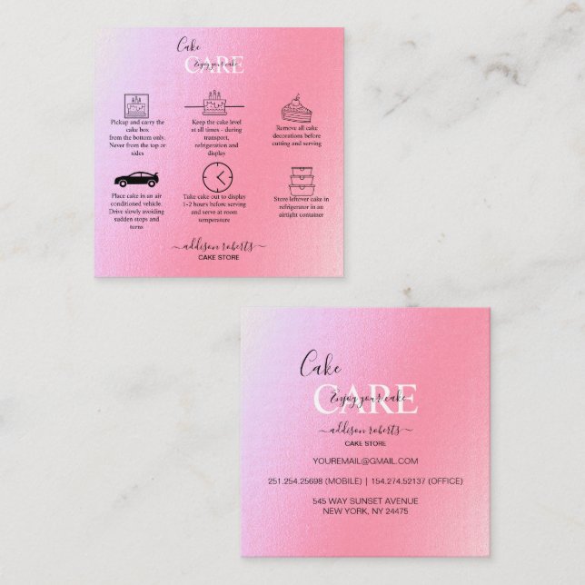 Elegant Glam Iridescent Sparkle Cake Care    Squar Square Business Card (Front/Back)
