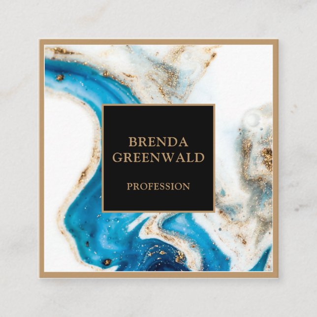 Elegant Glam Liquid Marble Blue Purple Gold Square Business Card (Front)