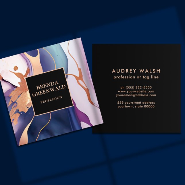 Elegant Glam Liquid Marble Blue Purple Gold  Square Business Card (Creator Uploaded)