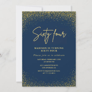 Elegant Glam Navy Gold Glitter 64th birthday Invitation