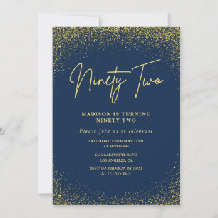 Elegant Glam Navy Gold Glitter 92nd birthday Invitation